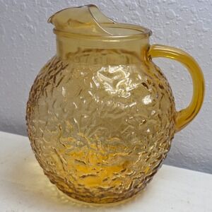 Vintage 60s Anchor Hocking Lido Milano Amber Honey Crinkle Texture Glass Pitcher